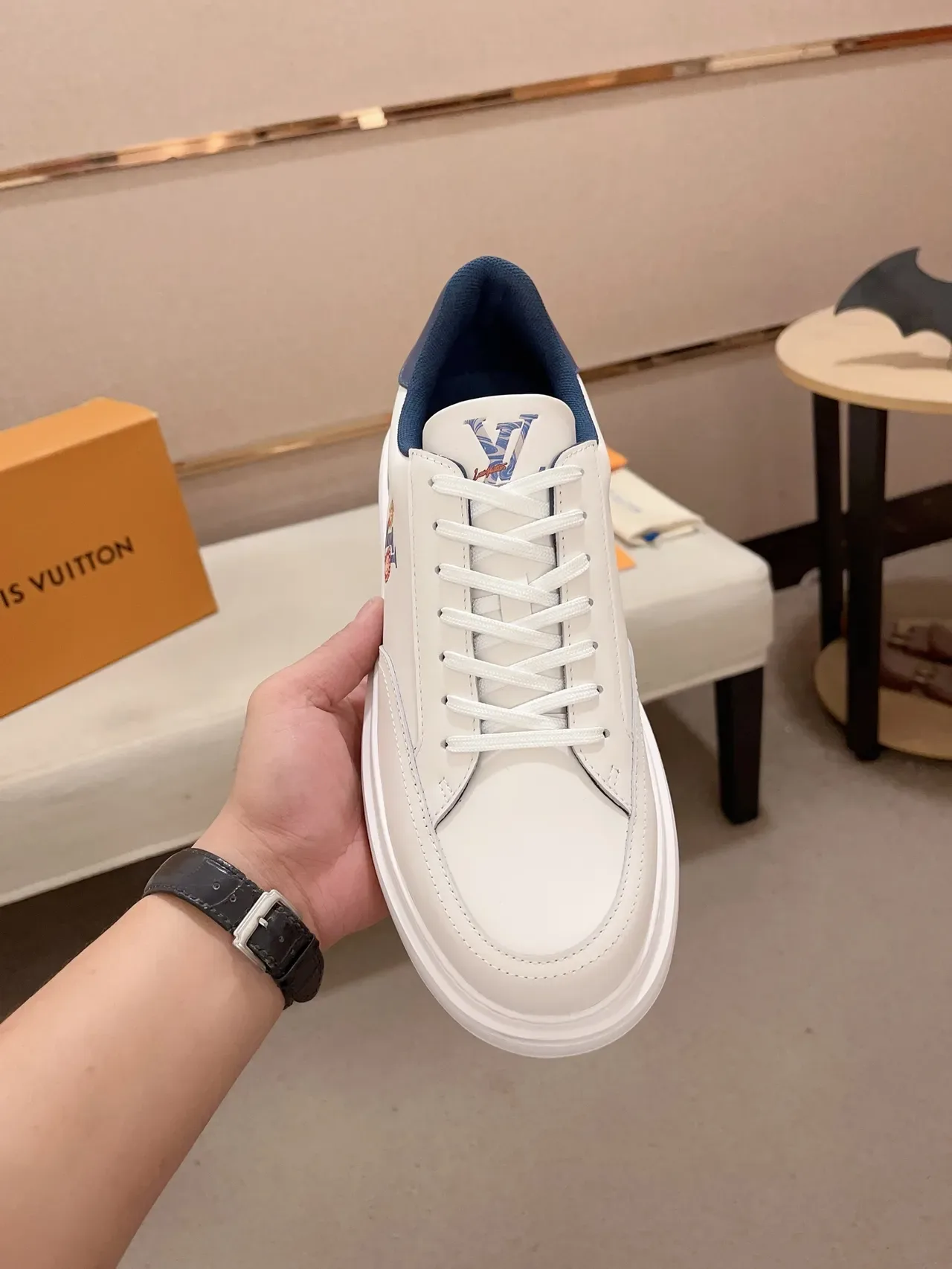 Louis Vuitton LV Trainer White Navy Leather Upper Embroidered Floral Motif Lifestyle Sneakers 6