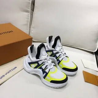 Louis Vuitton LV Trainer Tênis Chunky Brancos Amarelos Midsole Esculpido Ondulado Malha E Cage Sintético Superposição