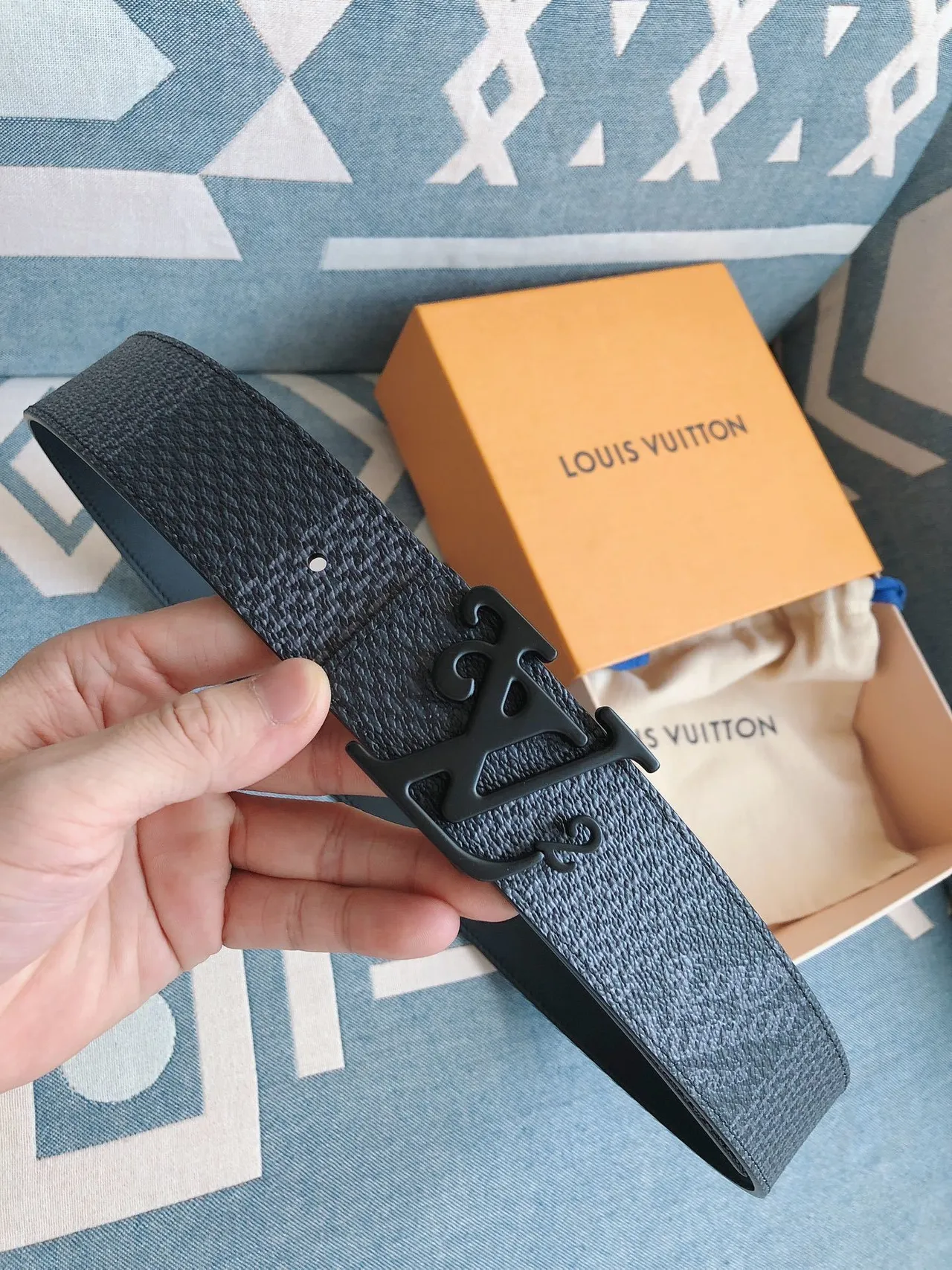 Louis Vuitton LV² Textured Blue-Gray Leather Belt 9