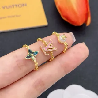 Louis Vuitton Monogram and Flower Motif Gold-Tone Chain Rings