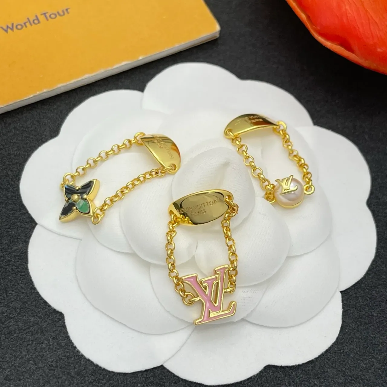Louis Vuitton Monogram and Flower Motif Gold-Tone Chain Rings 5