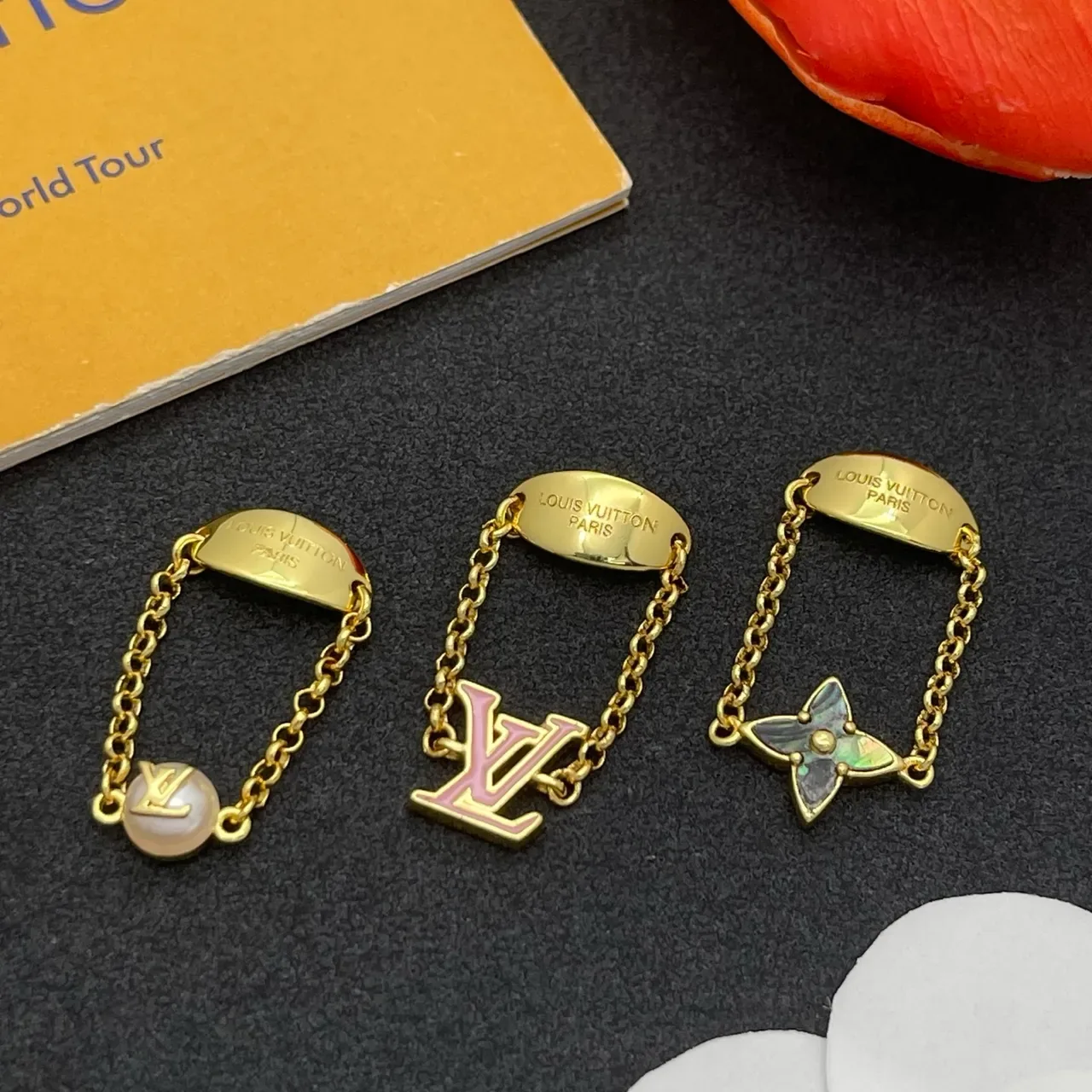 Louis Vuitton Monogram and Flower Motif Gold-Tone Chain Rings 7