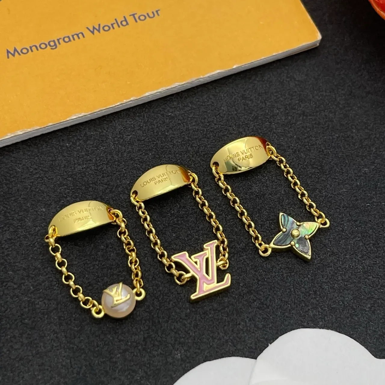 Louis Vuitton Monogram and Flower Motif Gold-Tone Chain Rings 8