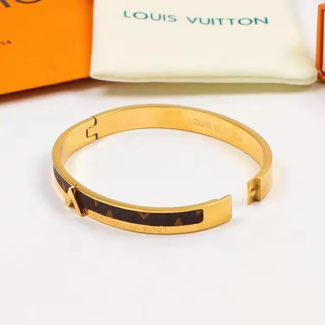 Louis Vuitton Monogram Bangle Gold Brown Rigid Enamel Inlay Bracelet 2