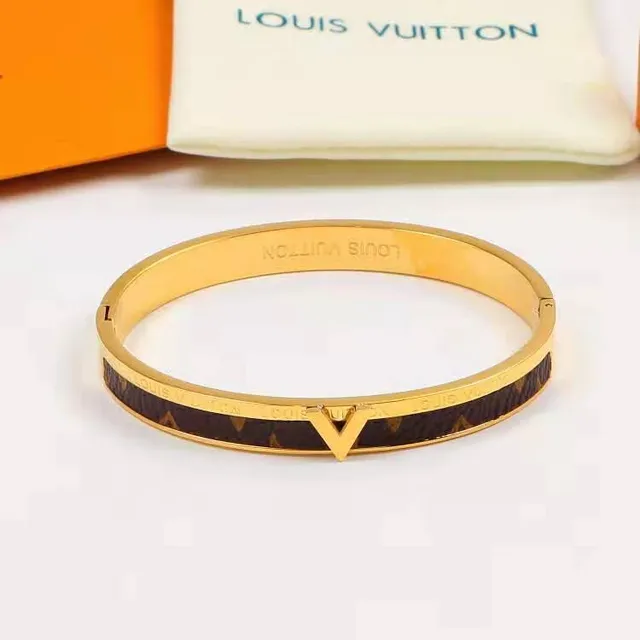 Louis Vuitton Monogram Bangle Gold Brown Rigid Enamel Inlay Bracelet 4