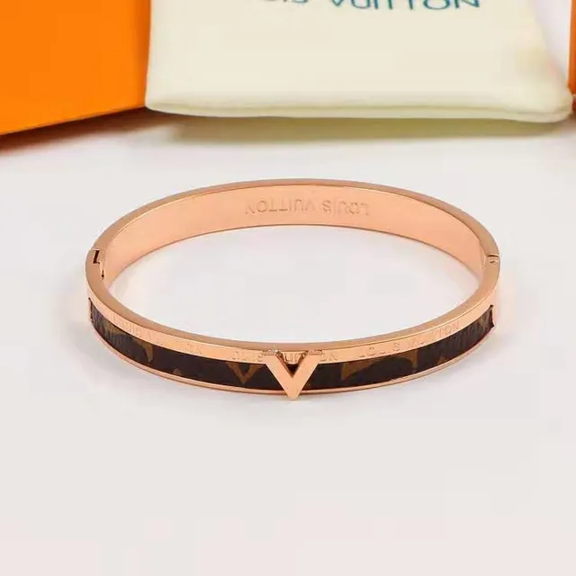 Louis Vuitton Monogram Bangle Gold Brown Rigid Enamel Inlay Bracelet 5