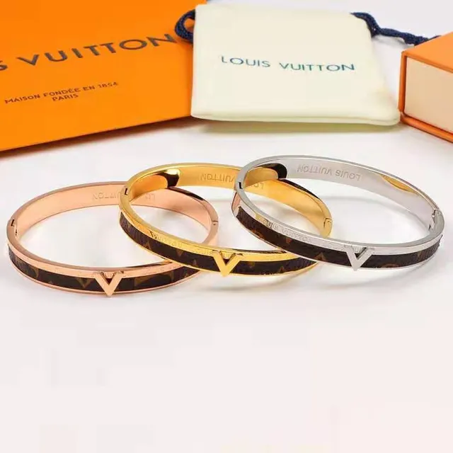 Louis Vuitton Monogram Bangle Gold Brown Rigid Enamel Inlay Bracelet 6
