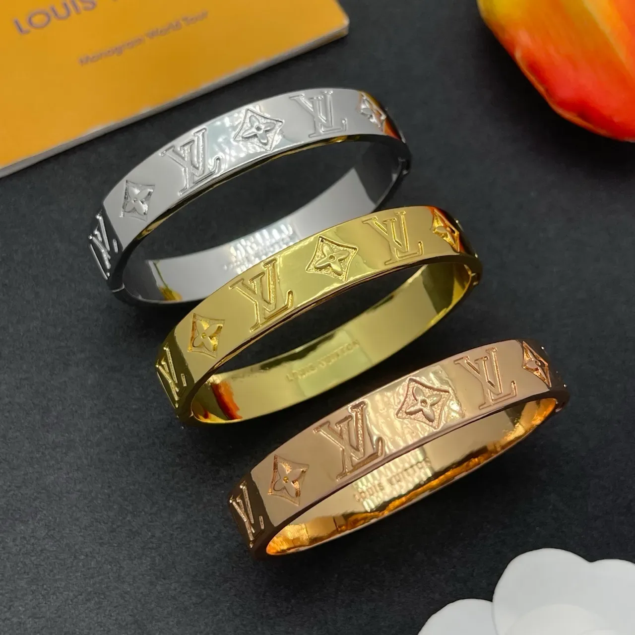 Louis Vuitton Monogram Bangle Gold Polished Engraved Bracelet 2