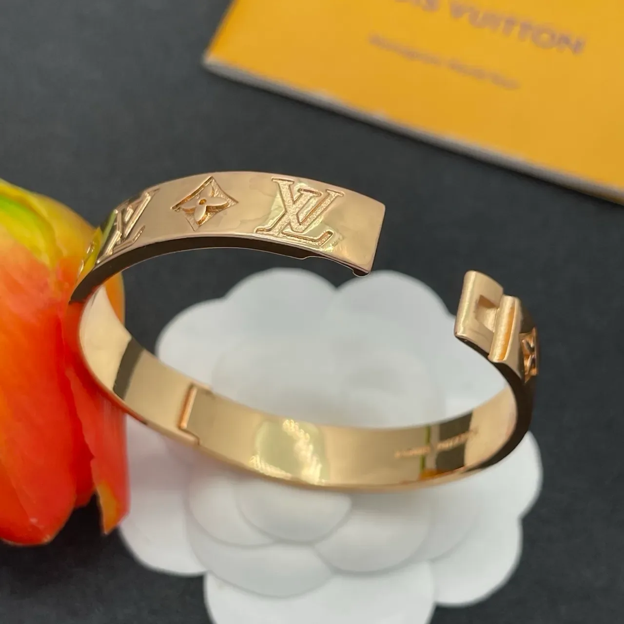 Louis Vuitton Monogram Bangle Gold Polished Engraved Bracelet 4