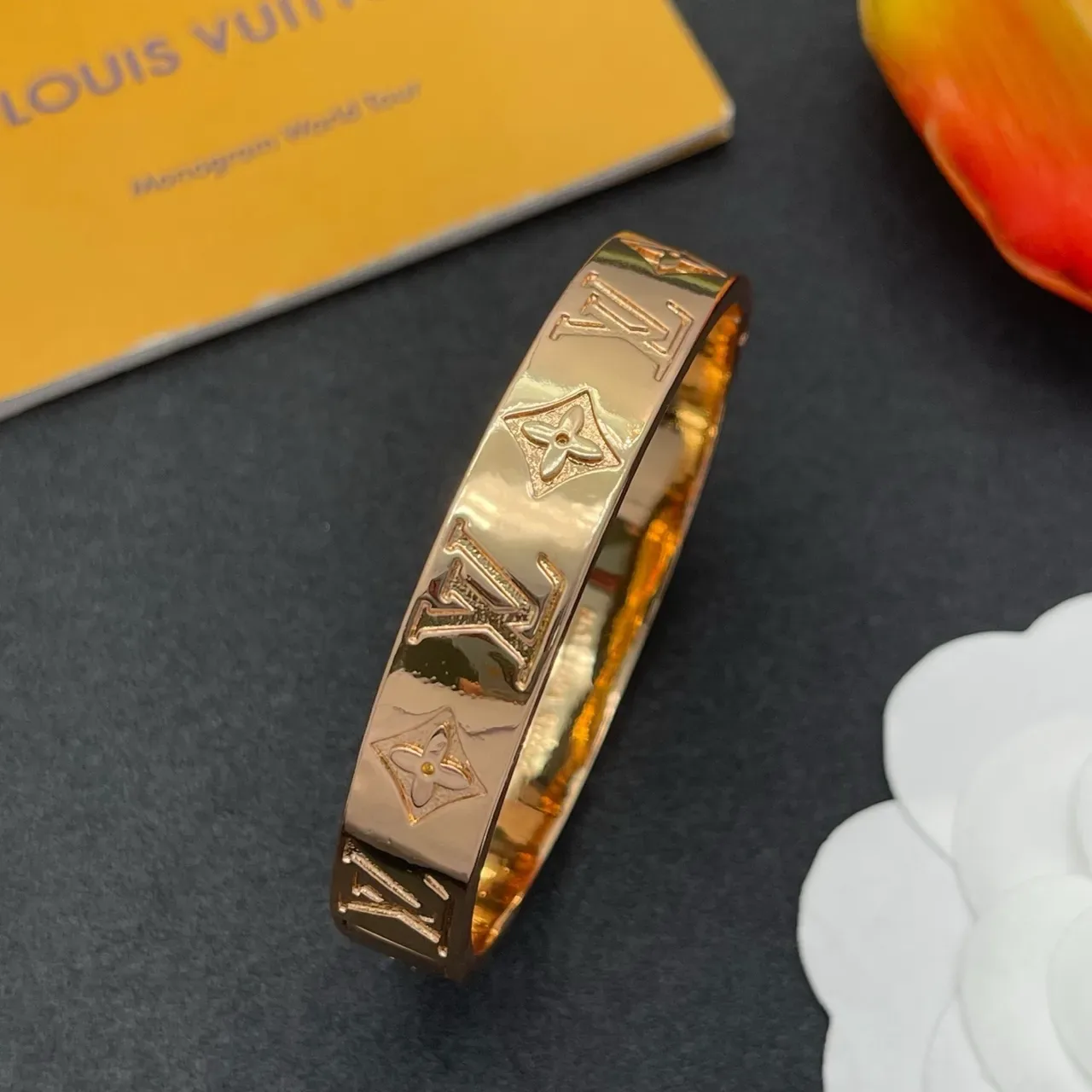Louis Vuitton Monogram Bangle Gold Polished Engraved Bracelet 6