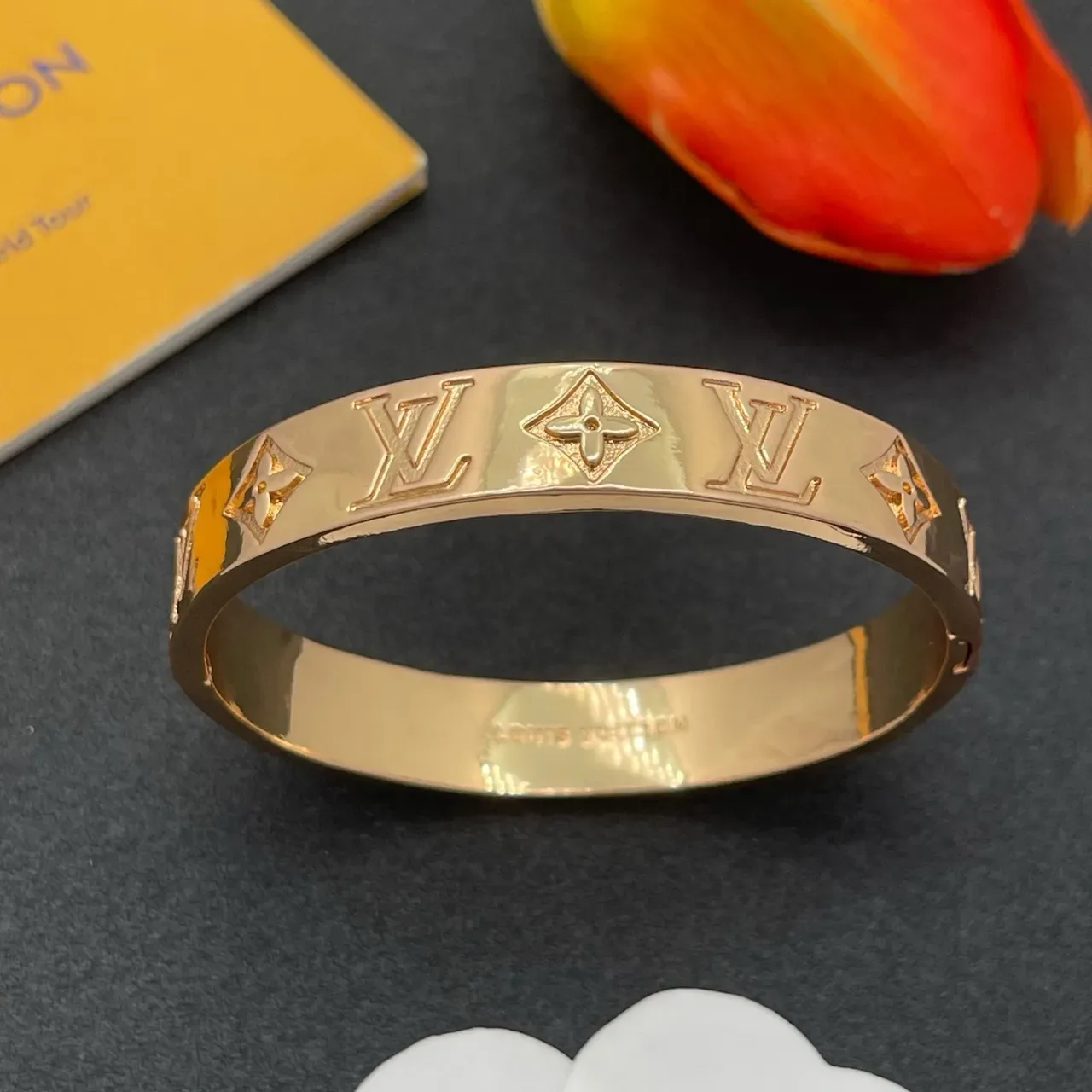 Louis Vuitton Monogram Bangle Gold Polished Engraved Bracelet 8