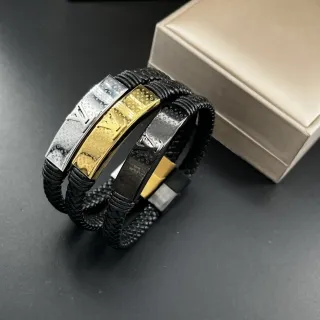 Louis Vuitton Monogram Bracelet Negro Dorado Cuero Trenzado Pulsera Multi-Vuelta