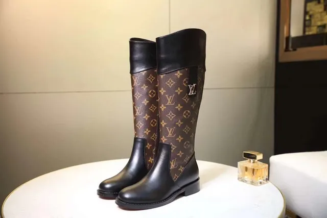 Louis Vuitton Monogram Canvas and Black Leather Knee Boots 4