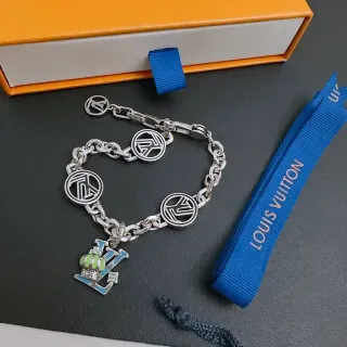 Louis Vuitton Monogram Charm Bracelet Silver Blue Chunky Curb Chain Disc Charms Bracelet