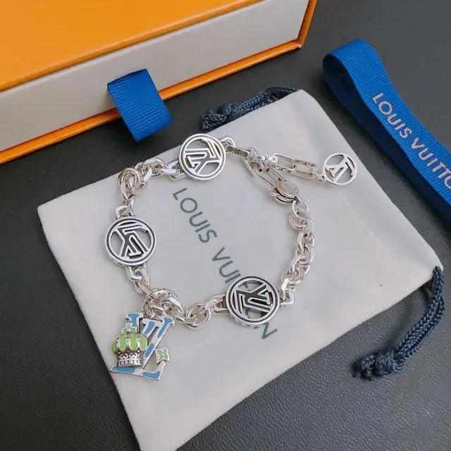 Louis Vuitton Monogram Charm Bracelet Silver Blue Chunky Curb Chain Disc Charms Bracelet 5