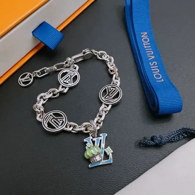 Louis Vuitton Monogram Charm Bracelet Silver Blue Chunky Curb Chain Disc Charms Bracelet 6