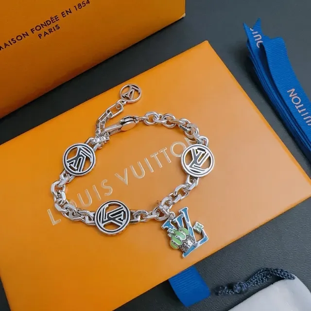 Louis Vuitton Monogram Charm Bracelet Silver Blue Chunky Curb Chain Disc Charms Bracelet 9