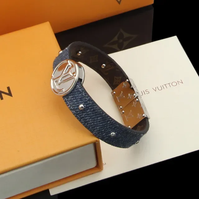 Louis Vuitton Monogram Circle Bracelet Blue Pink Circular Medallion Studded Leather/denim Band Bracelet 3