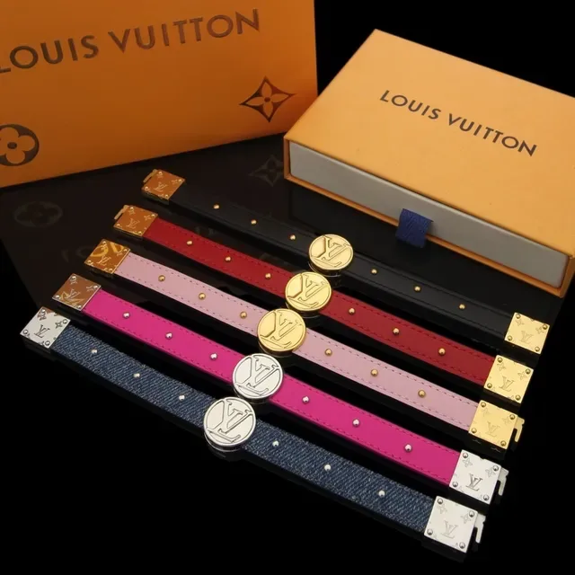 Louis Vuitton Monogram Circle Bracelet Blue Pink Circular Medallion Studded Leather/denim Band Bracelet 4
