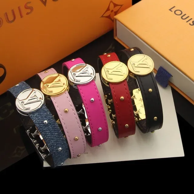 Louis Vuitton Monogram Circle Bracelet Blue Pink Circular Medallion Studded Leather/denim Band Bracelet 5