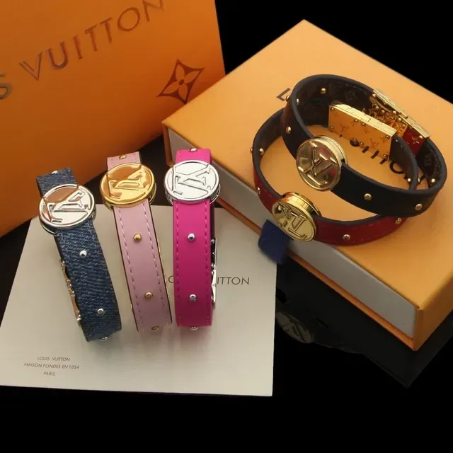 Louis Vuitton Monogram Circle Bracelet Blue Pink Circular Medallion Studded Leather/denim Band Bracelet 6