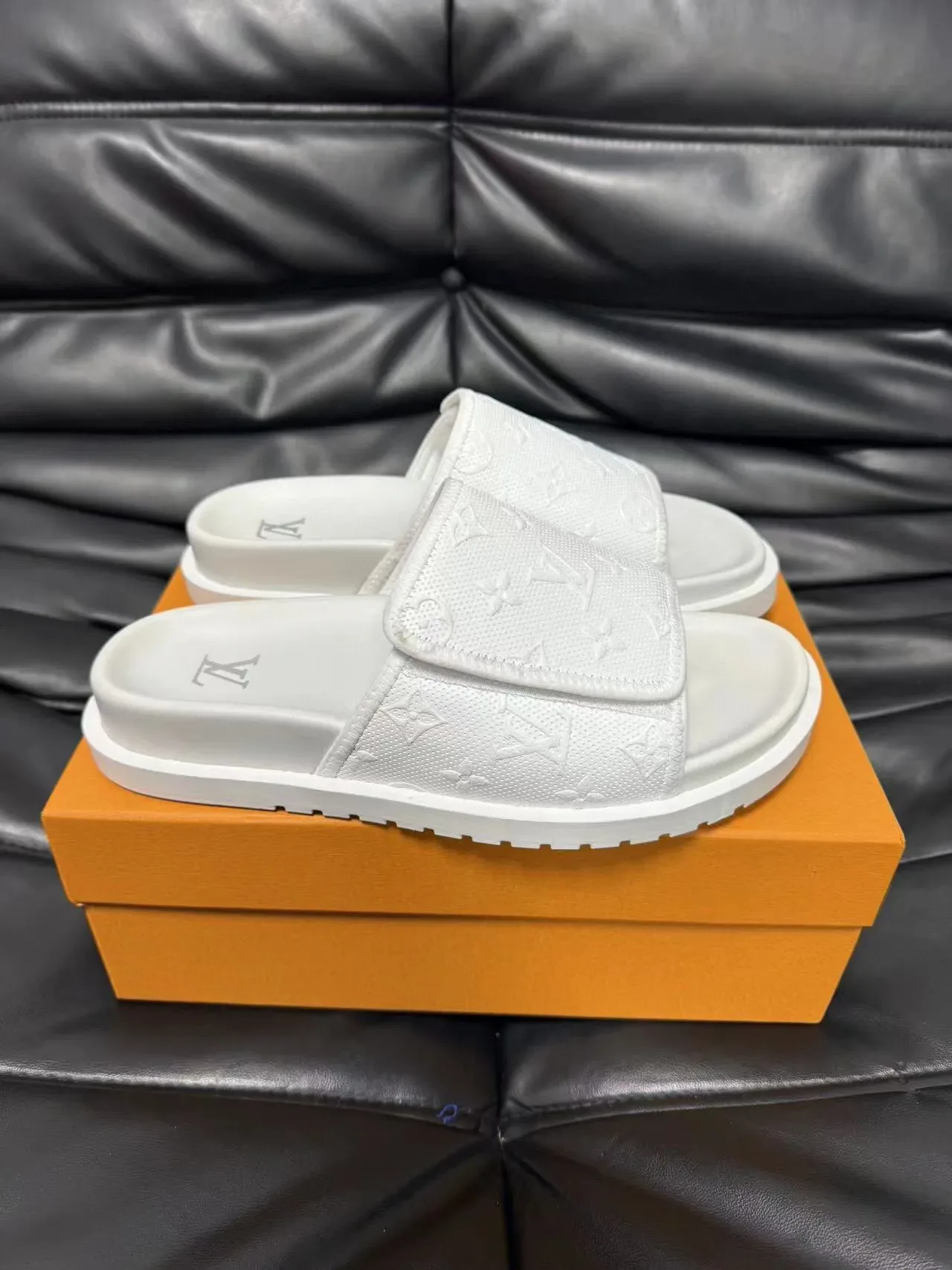 Louis Vuitton Monogram-Embossed White Slide Slippers 4