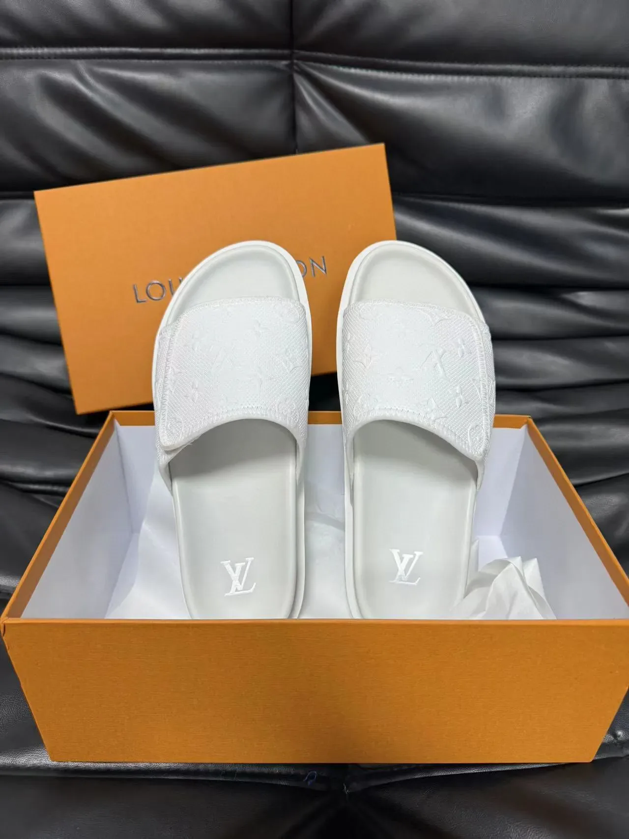 Louis Vuitton Monogram-Embossed White Slide Slippers 5