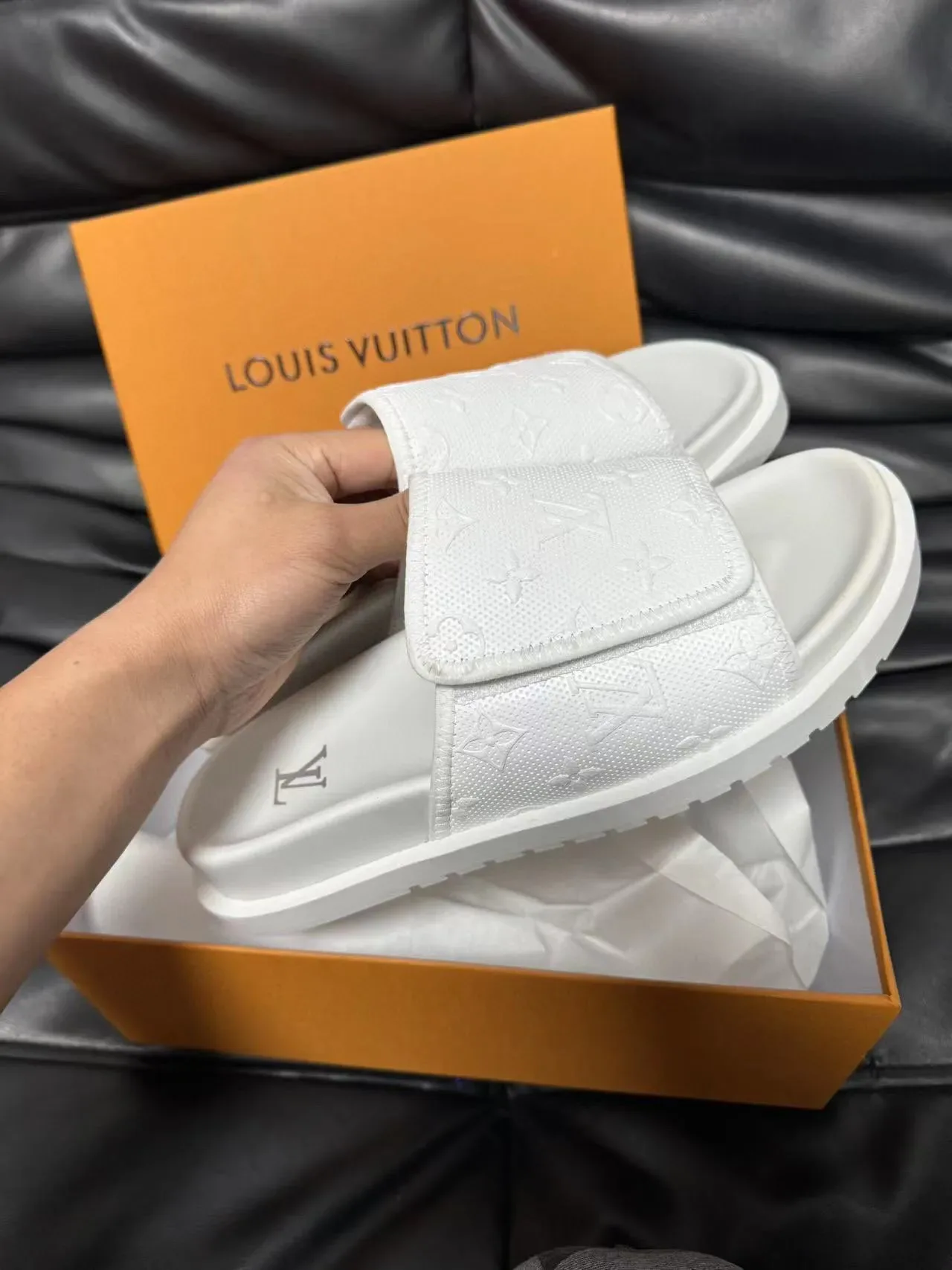 Louis Vuitton Monogram-Embossed White Slide Slippers 6