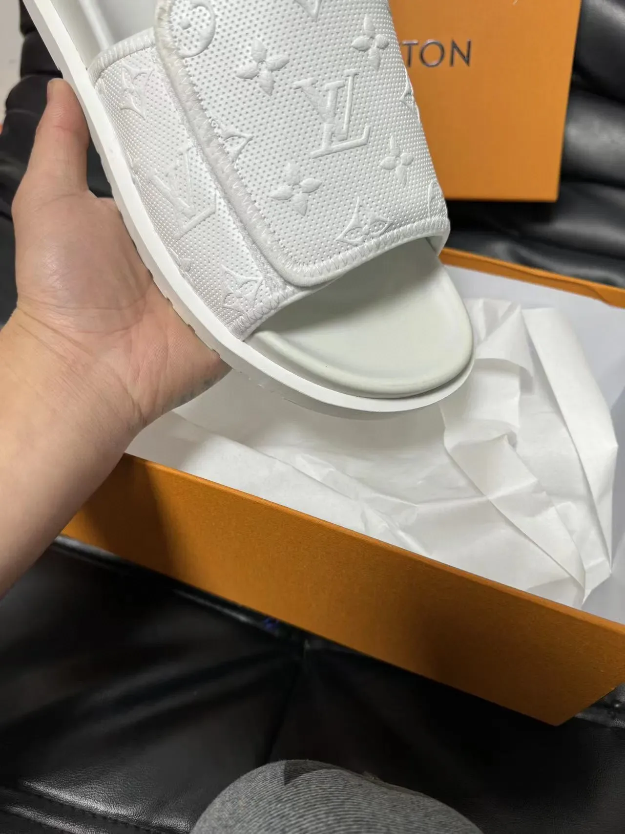 Louis Vuitton Monogram-Embossed White Slide Slippers 7