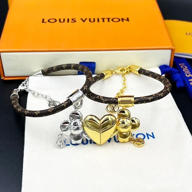 Louis Vuitton Monogram Flower Charm Bracelet Brown Gold Eclipse Leather Pendant Bracelet 6
