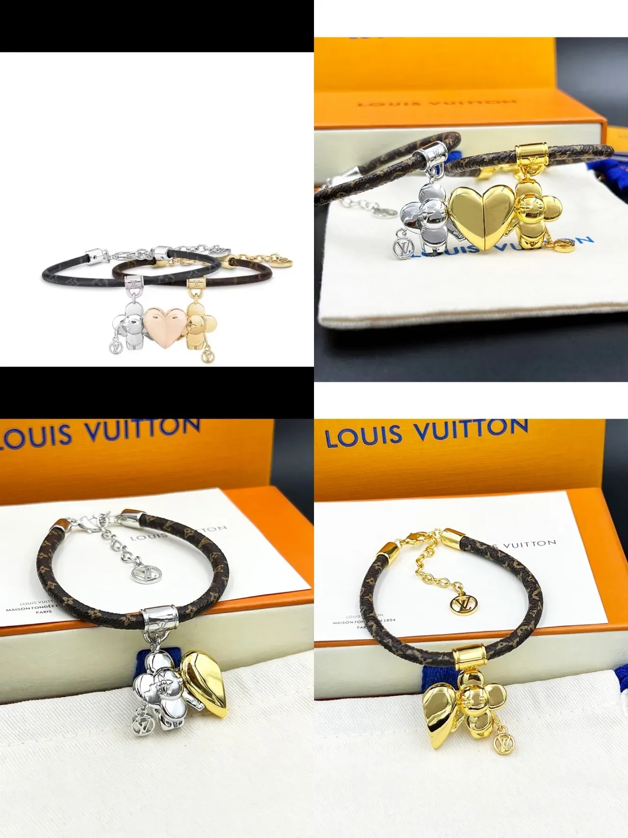 Louis Vuitton Monogram Flower Charm Bracelet Brown Gold Eclipse Leather Pendant Bracelet 9