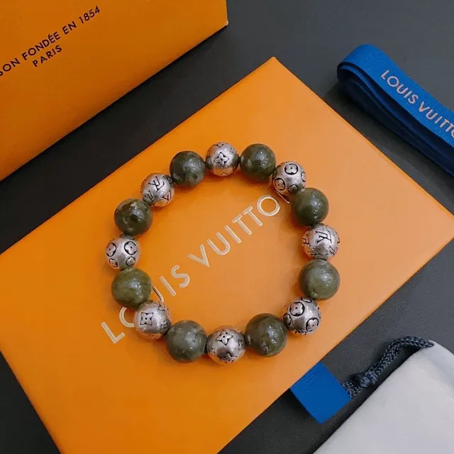 Louis Vuitton Monogram Flower Green Silver Beaded Bracelet 9
