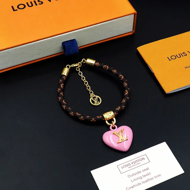 Louis Vuitton Monogram Heart Brown Pink Braided Leather Enamel Pendant Bracelet 2