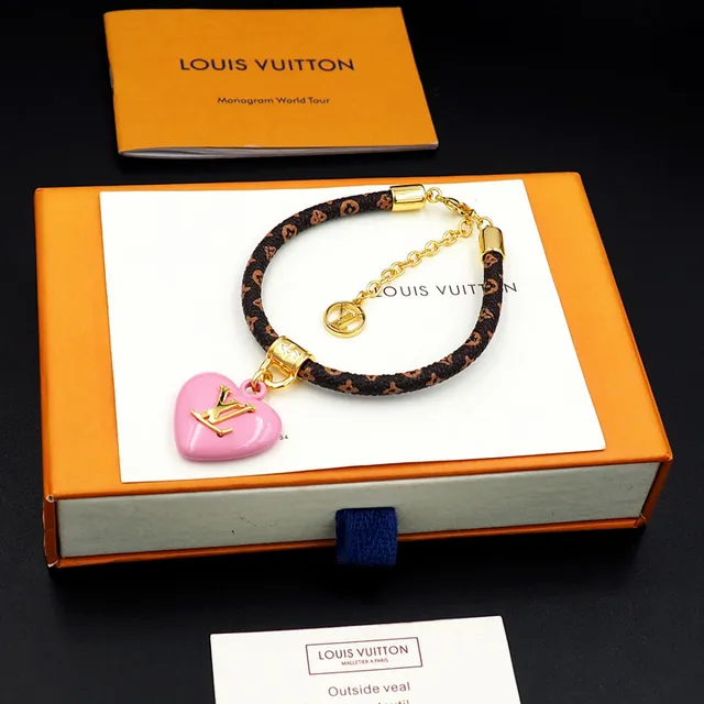 Louis Vuitton Monogram Heart Brown Pink Braided Leather Enamel Pendant Bracelet 3
