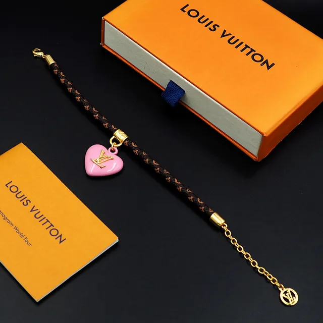Louis Vuitton Monogram Heart Brown Pink Braided Leather Enamel Pendant Bracelet 4