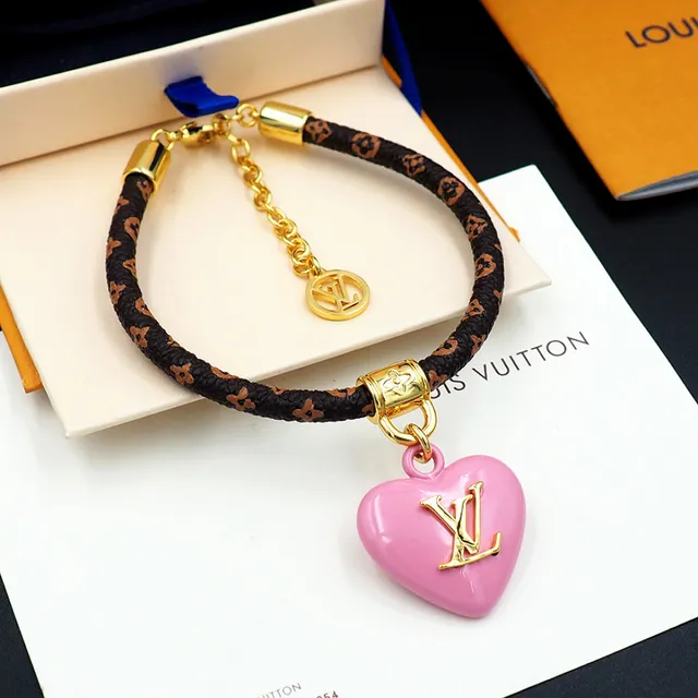 Louis Vuitton Monogram Heart Brown Pink Braided Leather Enamel Pendant Bracelet 5