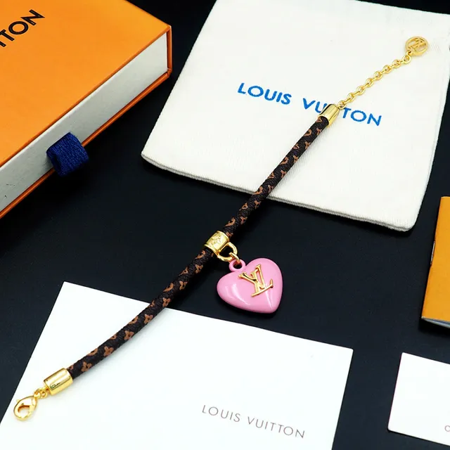 Louis Vuitton Monogram Heart Brown Pink Braided Leather Enamel Pendant Bracelet 6