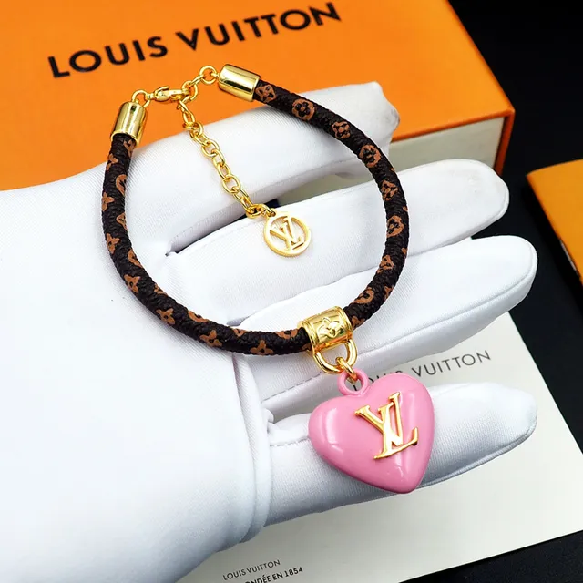 Louis Vuitton Monogram Heart Brown Pink Braided Leather Enamel Pendant Bracelet 7