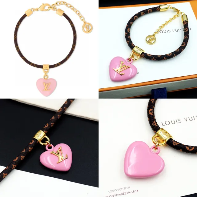 Louis Vuitton Monogram Heart Brown Pink Braided Leather Enamel Pendant Bracelet 9