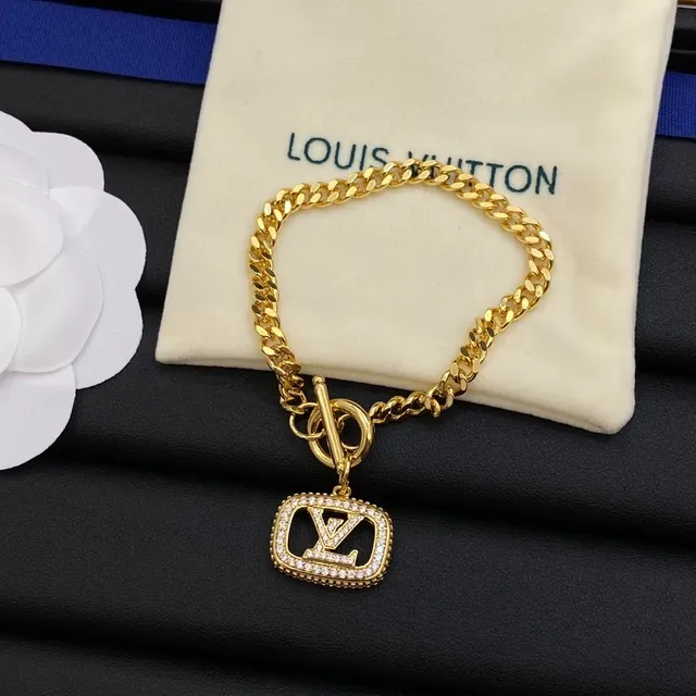 Louis Vuitton Monogram Jewelry Gold Black Curb Chain Rectangular Pendant Necklace 2