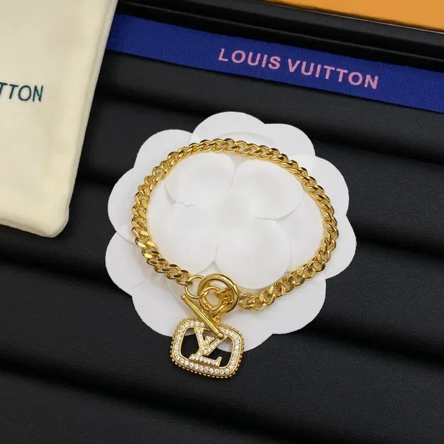 Louis Vuitton Monogram Jewelry Gold Black Curb Chain Rectangular Pendant Necklace 3