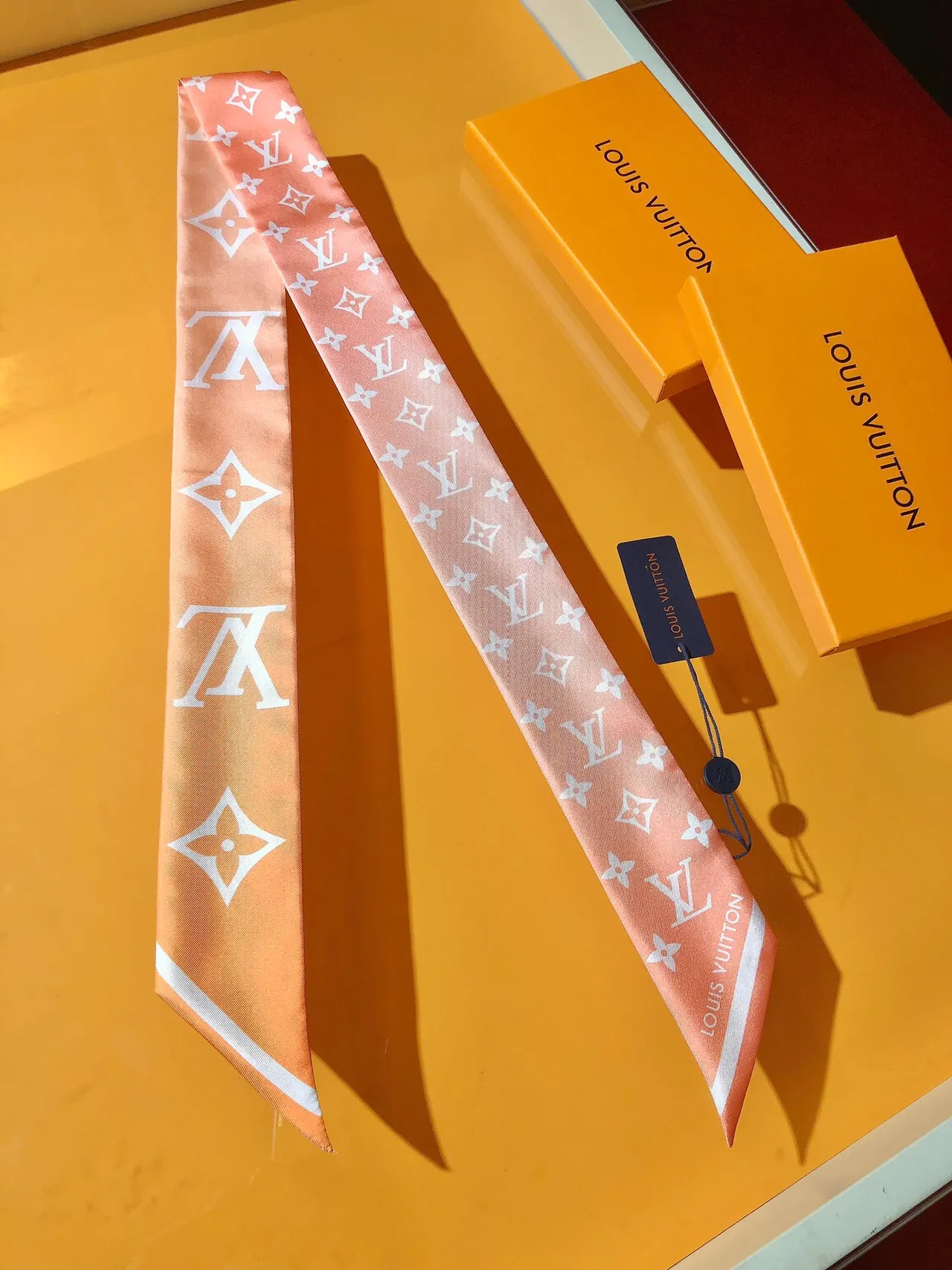 Louis Vuitton Monogram Orange Pink Silk Scarf 5