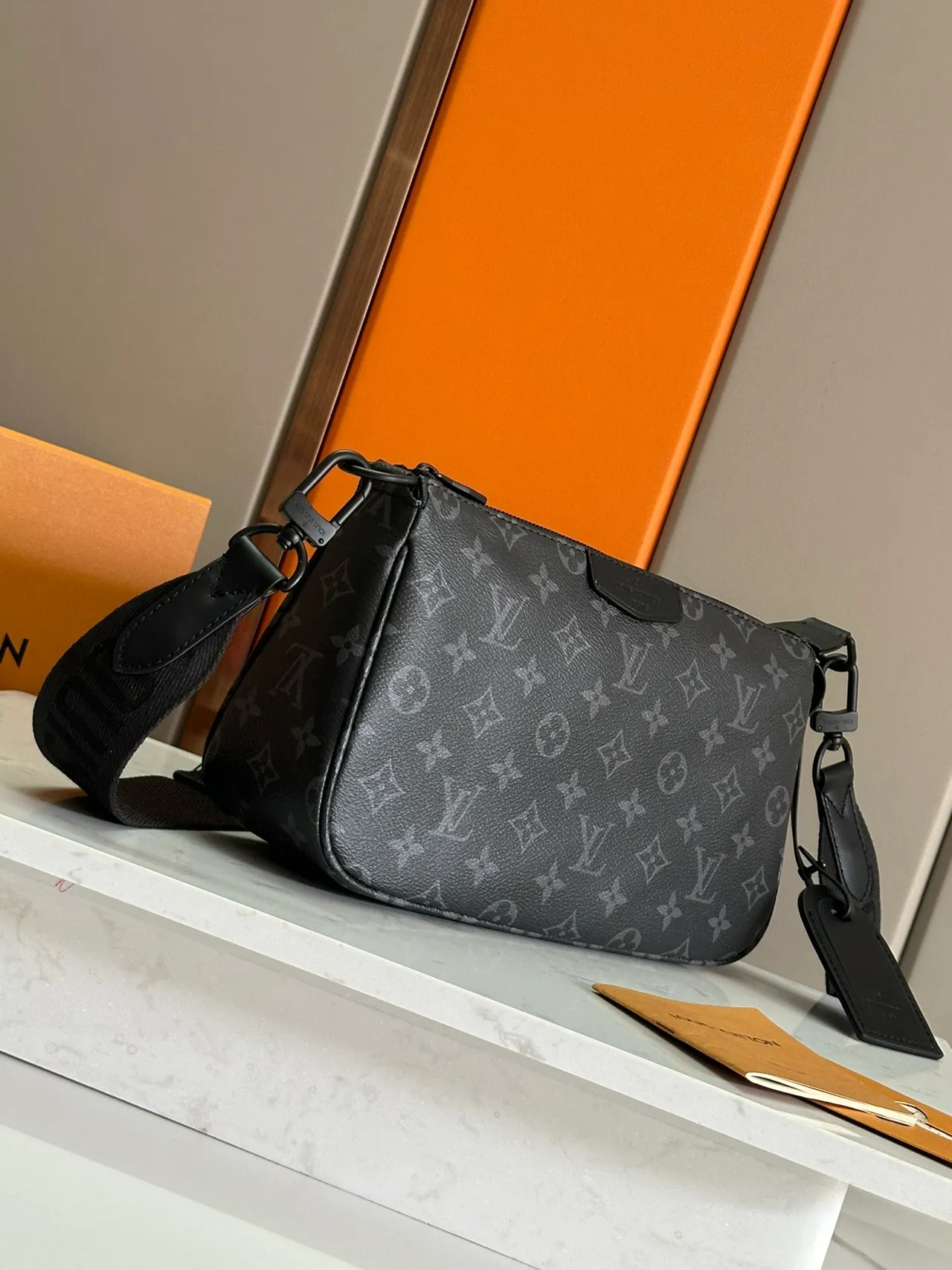 Louis Vuitton Monogram Print Crossbody Bag Black Gray Rectangular Silhouette Crossbody Bag 2