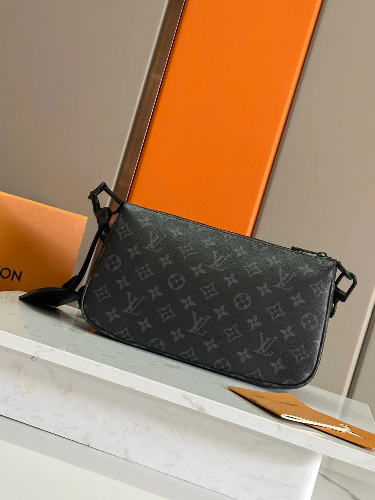 Louis Vuitton Monogram Print Crossbody Bag Black Gray Rectangular Silhouette Crossbody Bag 3