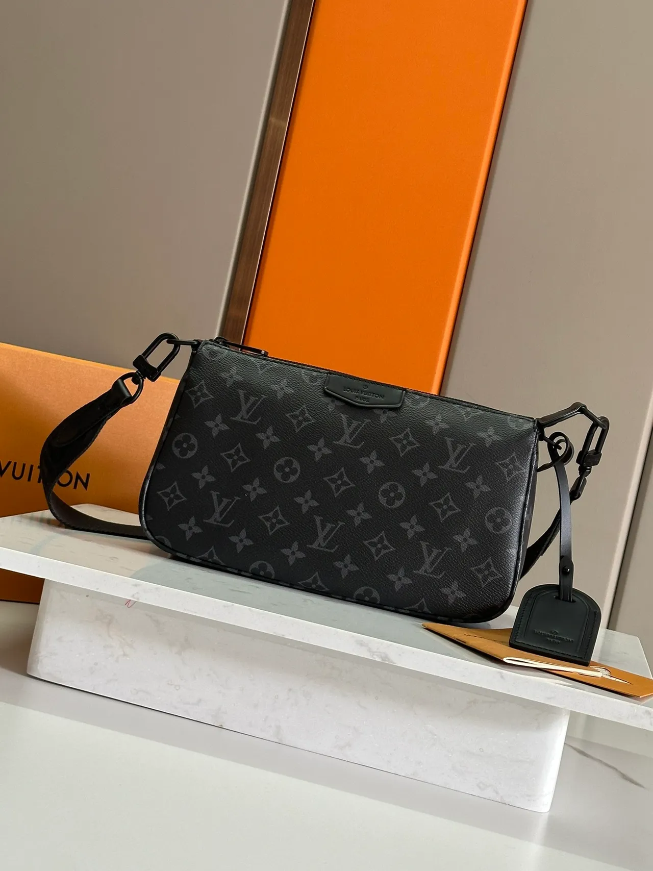 Louis Vuitton Monogram Print Crossbody Bag Black Gray Rectangular Silhouette Crossbody Bag 7
