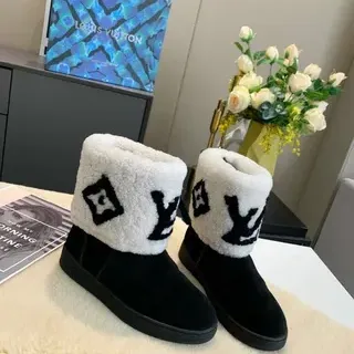 Louis Vuitton Monogram Shearling Black White Monogrammed Cuff Suede Upper Ankle Boots