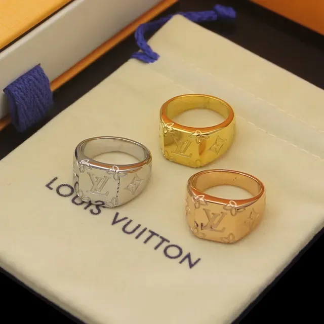 Louis Vuitton Monogram Signet Gold Silver Square-Profile Engraved Ring 5