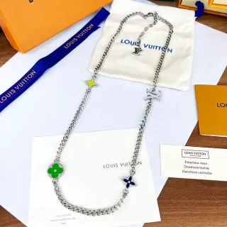 Louis Vuitton Multi-Charms Enamel Flower and LV Logo Necklace