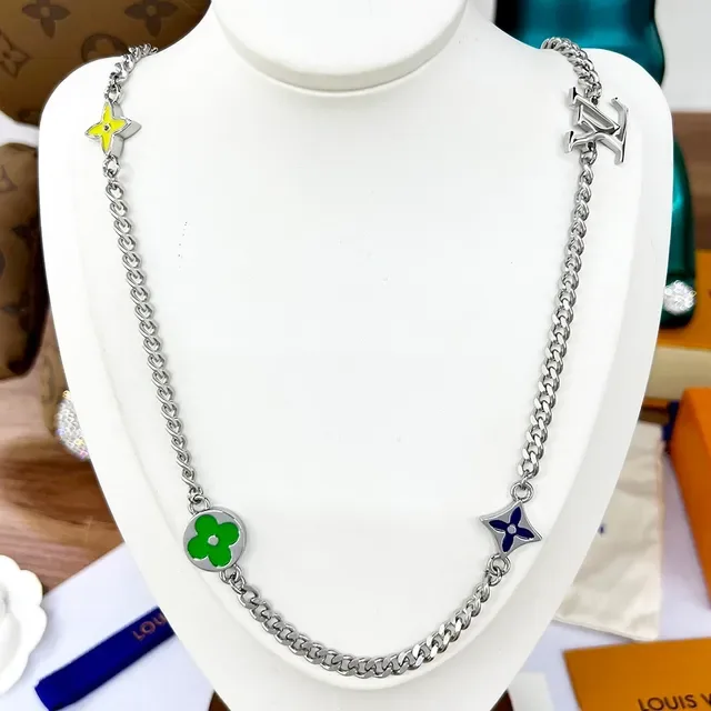Louis Vuitton Multi-Charms Enamel Flower and LV Logo Necklace 5