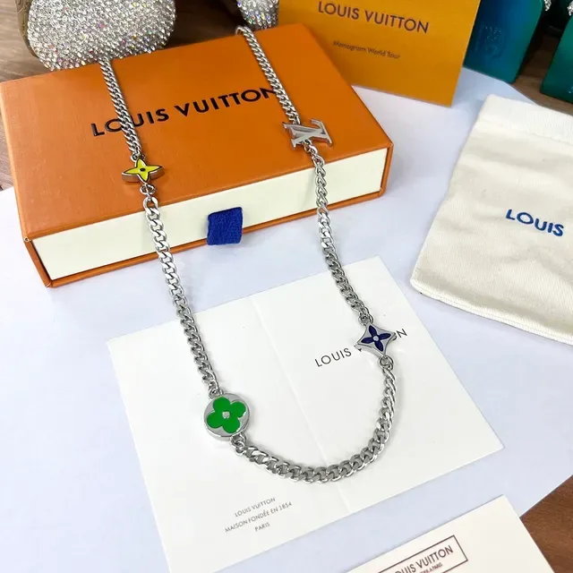 Louis Vuitton Multi-Charms Enamel Flower and LV Logo Necklace 6